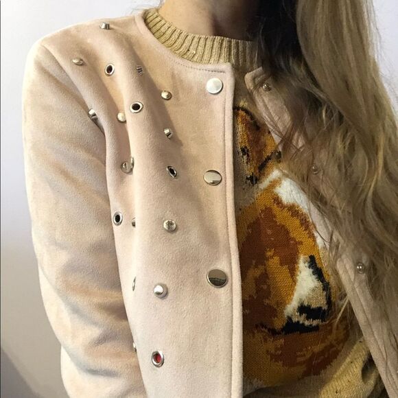 Zara Pastel Pink Faux Suede Studded Jacket Size S Collarless - Picture 7 of 14